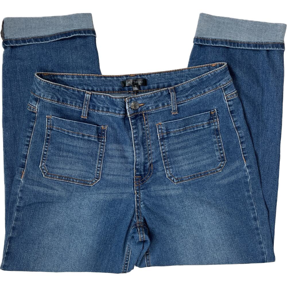 Daily Thread High Rise Straight Leg Cuffed Jeans Medium Wash Blue Denim Size 12